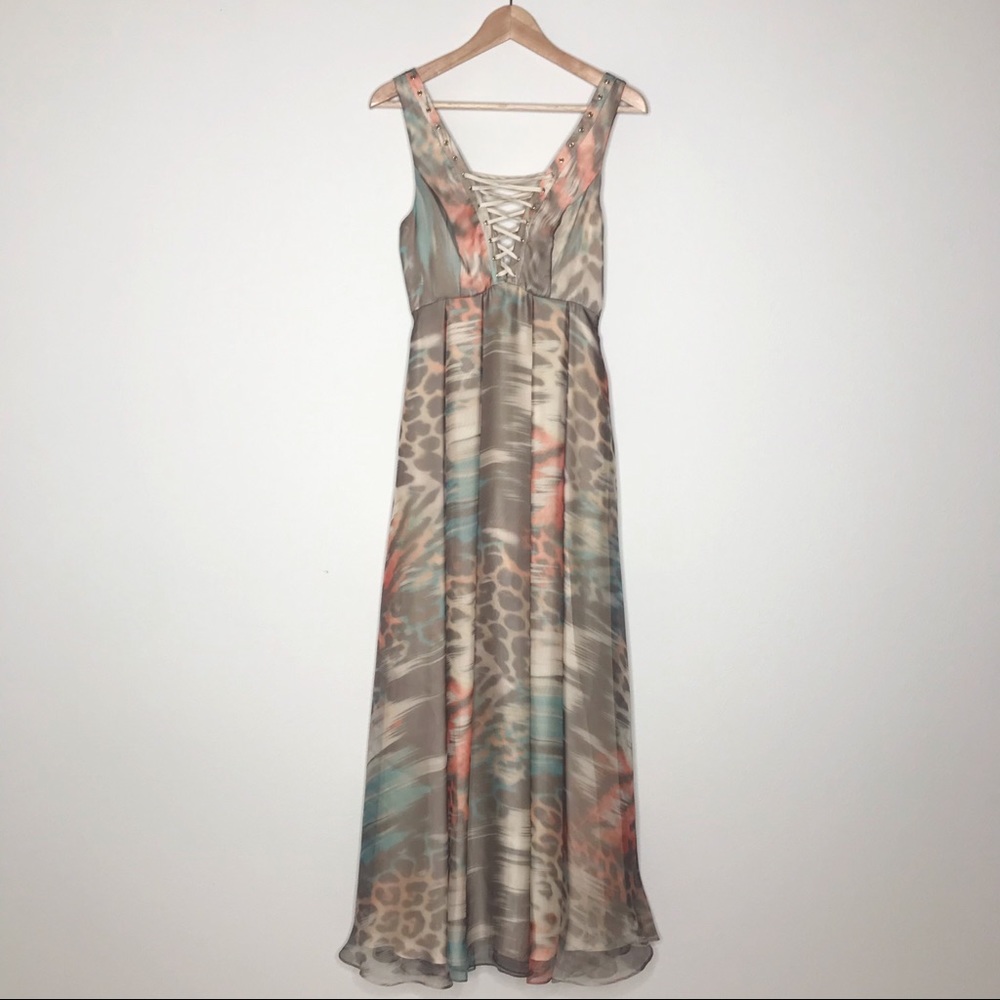 Bebe Leopard Colorful Lace Up Maxi Gown